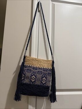 Navy & Natural Woven Fringe Crossbody Bag by Sun and Sand